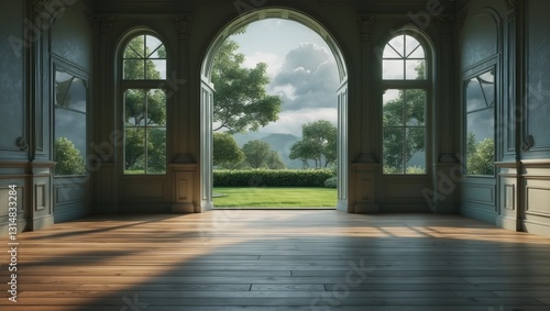 Wallpaper Mural Modern luxury classical style vacant room with a view of nature, featuring wooden floors and an arch-shaped window, overlooking a green lawn and garden. Torontodigital.ca