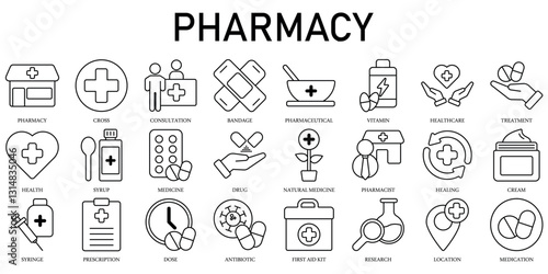 Set of Pharmacy Icons or symbols Vector fully editable file.