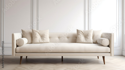 A white couch with pillows on it sits in a room with white walls