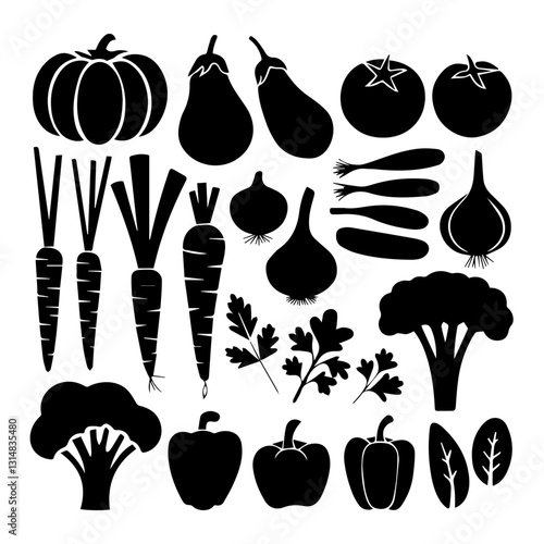 A collection of black silhouette icons featuring various vegetables and herbs, including pumpkins, onions, tomatoes, eggplants, carrots, broccoli, peppers, and leafy greens.