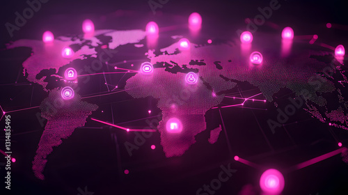 Global Network Connectivity Illuminated World Map with Pink Nodes and Connections