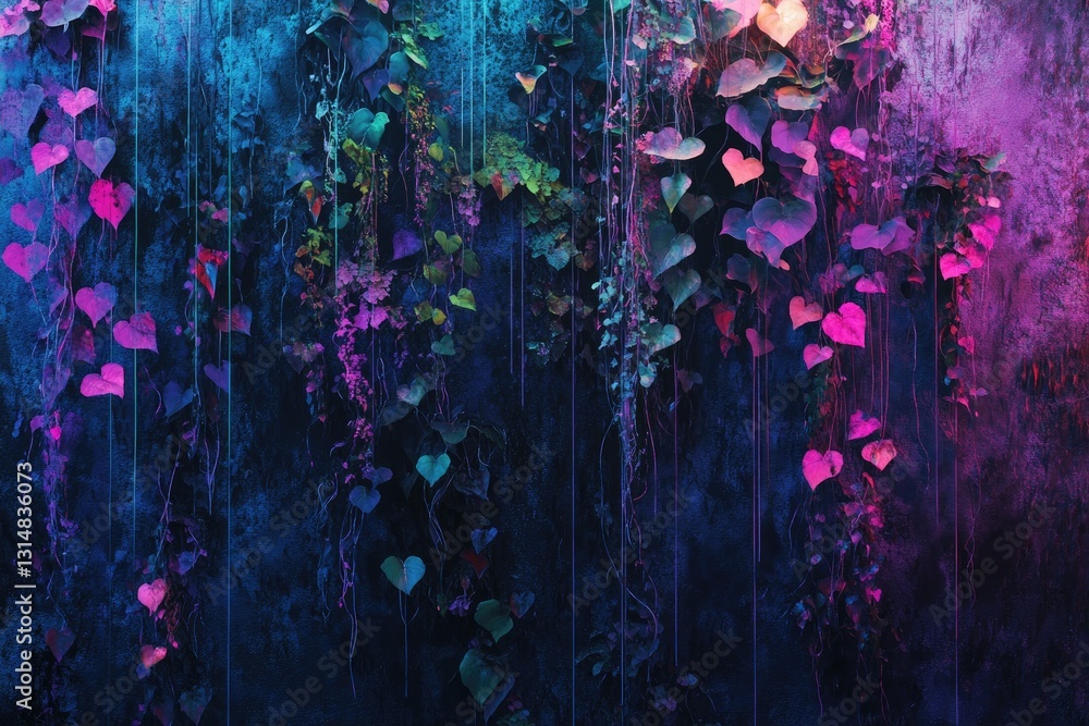 Fototapeta premium A surreal wall of cascading vines, each glowing in a different neon hue