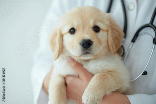 A loving and attentive veterinarian is gently holding a charming Golden Retriever puppy in their arms, showcasing a bond of care and compassion between the vet and the adorable young dog
