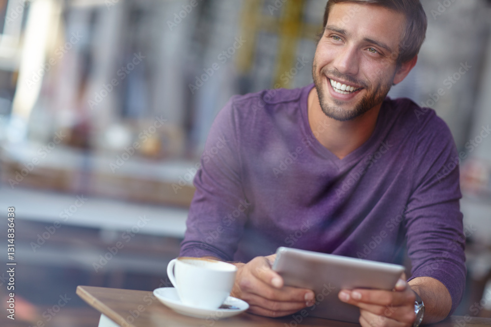 Cafe, man and thinking with tablet for remote work, reading blog or connection for story information. Restaurant, male journalist and ideas with digital app for news application, coffee or freelancer Cafe, man and thinking with tablet for remote work, reading blog or connection for story information. Restaurant, male journalist and ideas with digital app for news application, coffee or freelancer
