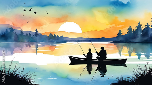 Fishing at Sunset Two People on Boat Watercolor Illustration