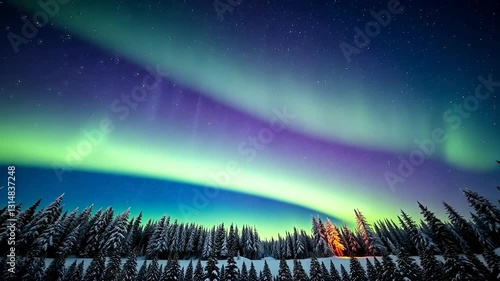Aurora Borealis over a snow-covered forest in Arctic Circle, a mesmerizing spectacle of nature's light show.