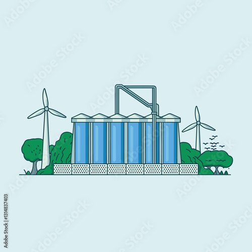Modern grain storage facility with wind turbines. Concept of sustainable agriculture, renewable energy, and eco-friendly farming.