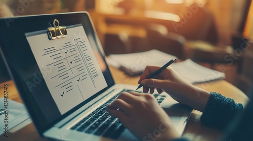 Online assessment and survey concept. A person interacts with virtual checklist on laptop, symbolizing online assessments, surveys, exams, or quizzes. digital evaluation and data collection. fill out