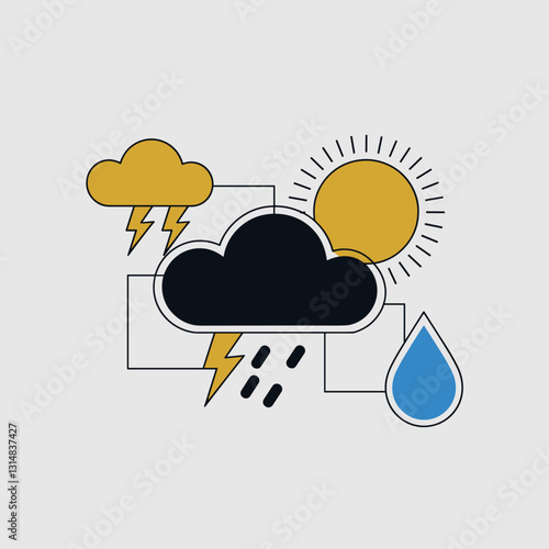 Weather symbols representing climate conditions, including sun, rain, storm, and temperature changes. Concept of meteorology and climate science.