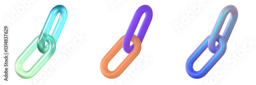 Set of colorful chain links with glossy reflections in blue, green, purple, and orange tones, isolated, 3d render shape, png