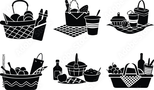 Black and White Picnic Basket Vector Graphics: Food, Drinks, Blanket, and Outdoor Recreation Clip Art for Design Projects