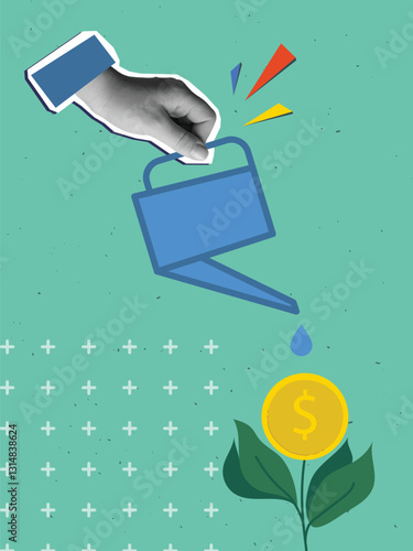 A hand waters a growing dollar tree from a watering can. Modern collage style. Vector illustration