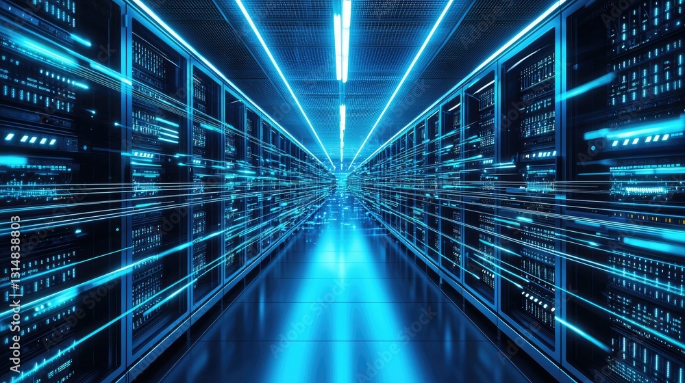 Fototapeta premium A futuristic data center with glowing blue lights and high-speed data flow, symbolizing advanced technology, cloud computing, and cybersecurity. Ideal for tech concepts, AI, and IT infrastructure