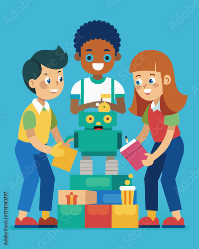 Several elementary students collaborate using teamwork and problemsolving skills to build a simple functioning robot out of recycled materials.. Vector illustration