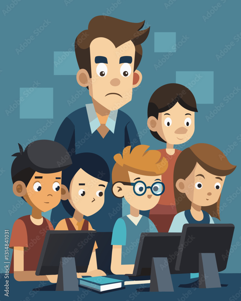 With furrowed brows and determined expressions a group of students intently follow along with their teacher as they learn how to program animations using the interactive software.. Vector illustration With furrowed brows and determined expressions a group of students intently follow along with their teacher as they learn how to program animations using the interactive software.. Vector illustration