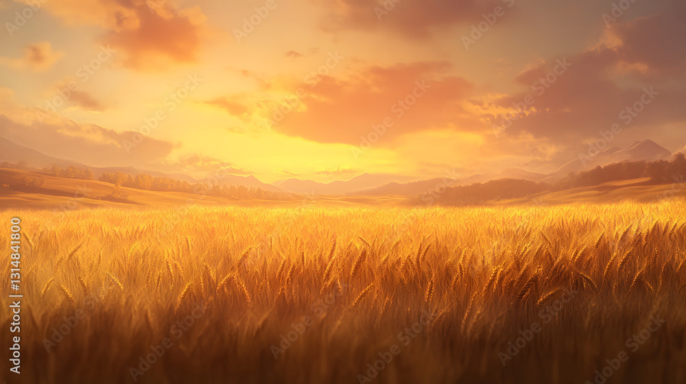 A vast wheat field illuminated by the golden glow of sunset. A vast wheat field illuminated by the golden glow of sunset.