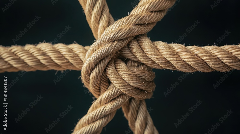 Close-Up View of Interwoven Natural Rope Tied Together with Detailed Texture and Strength Close-Up View of Interwoven Natural Rope Tied Together with Detailed Texture and Strength