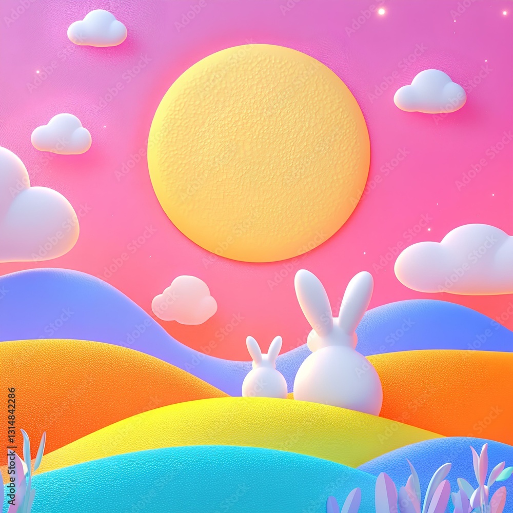 Colorful Mid-Autumn collage, Minimalist composition, Dark blue background, The back of three big rabbits together, a small gold full moon, Many little stars, Orange hills