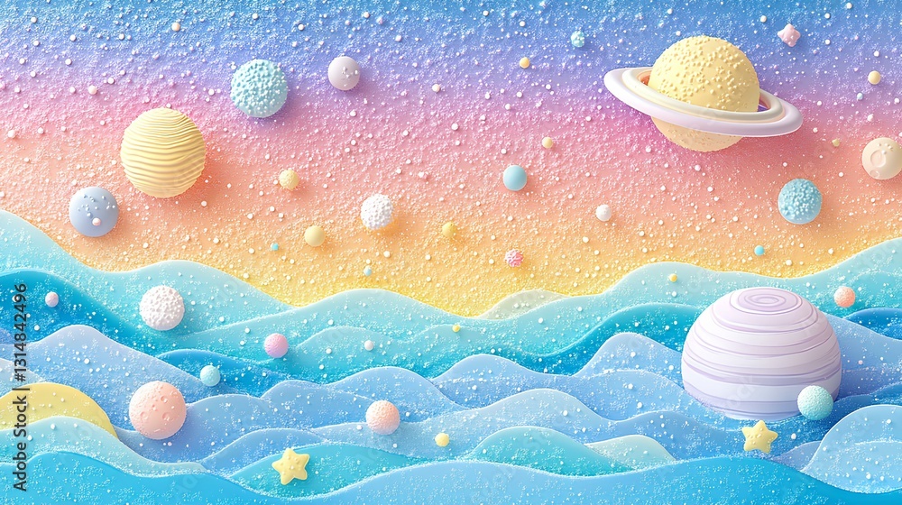 Colorful starry sky collage with many small 3d space elements such as bays of the moon, Saturn, Mars, Uranus, Neptune and nebulae shaped panels in different light colors. Colorful starry sky collage with many small 3d space elements such as bays of the moon, Saturn, Mars, Uranus, Neptune and nebulae shaped panels in different light colors.