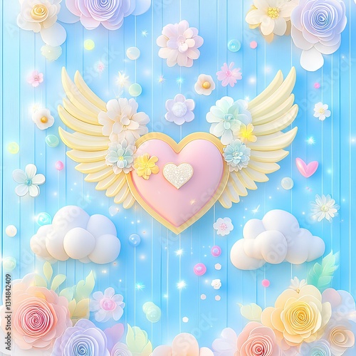 Colorful fashion collage, the center of the picture is a heart with a pair of angel wings, surrounded by various flowers, white clouds and many other small 3d space elements in different light colors 