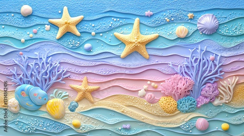 Colorful ocean collage, various sizes and types of starfish, corals in different light colors on the panel. 