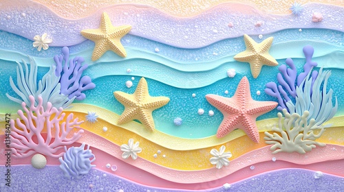 Colorful ocean collage, various sizes and types of starfish, corals in different light colors on the panel. 