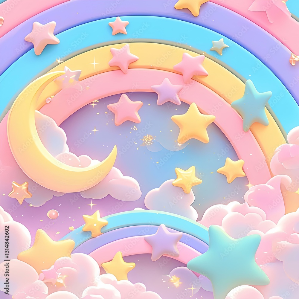 Cute kawaii pastel rainbow with moon stars and clouds background