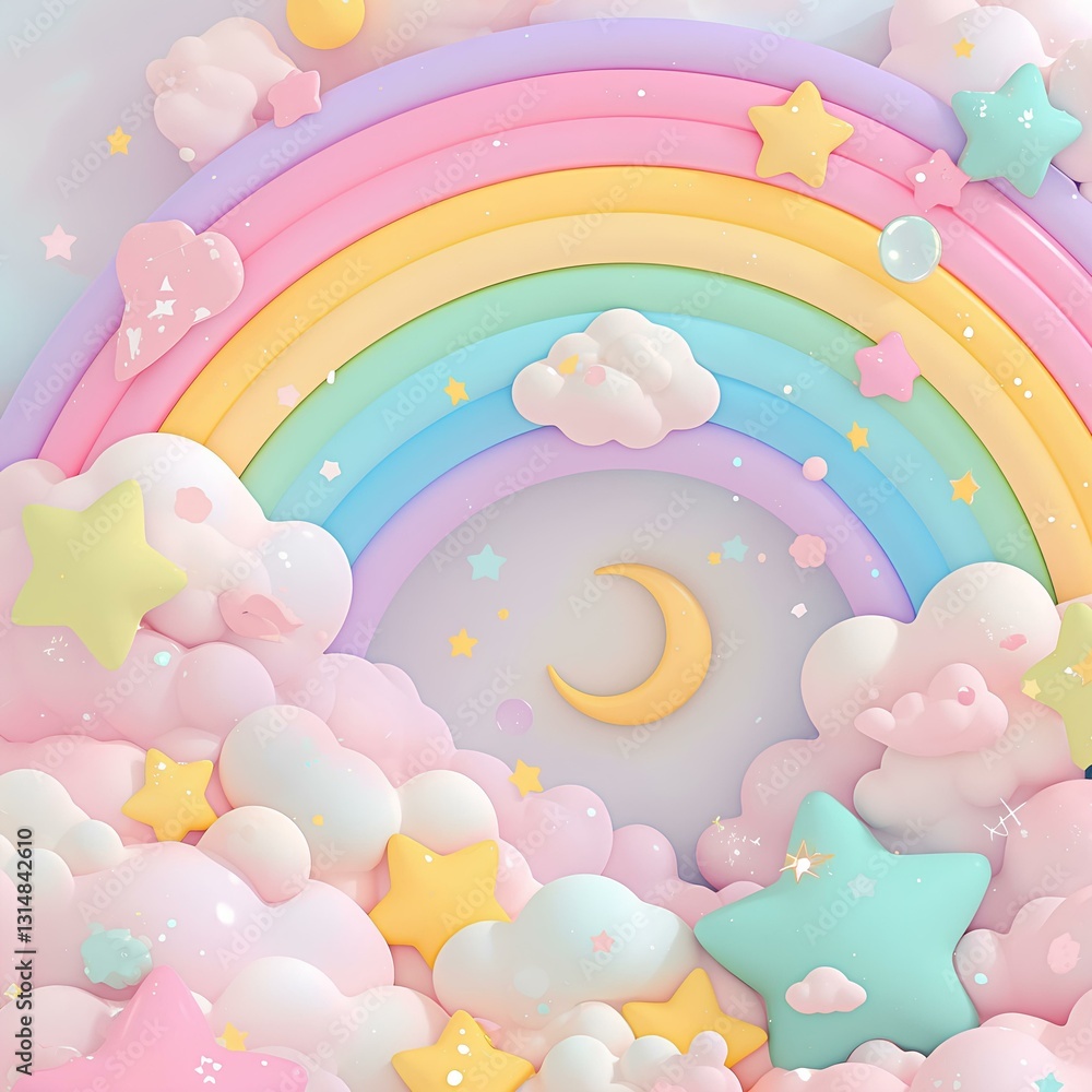 Cute kawaii pastel rainbow with moon stars and clouds background