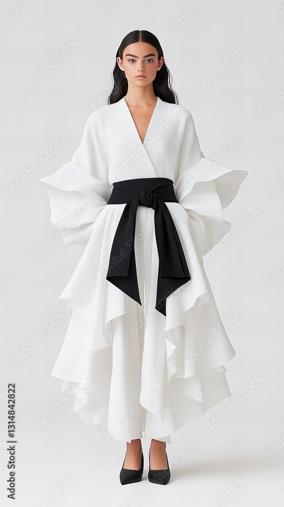 Elegant woman in a stunning white ruffled dress and black belt. Modern, chic style. Elegant woman in a stunning white ruffled dress and black belt. Modern, chic style.
