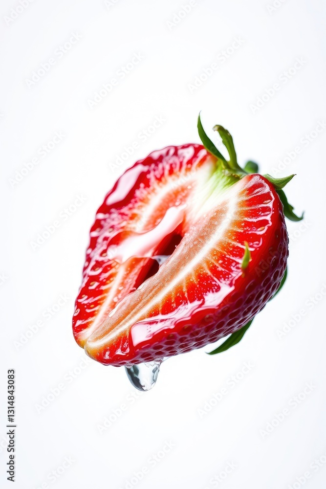 Juicy Strawberry Slice with Water Droplet Against White Background Juicy Strawberry Slice with Water Droplet Against White Background