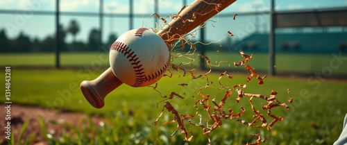 A powerful swing sends a baseball soaring, leaving a trail of splintered wood in its wake, a dramatic display of athletic prowess on a sun-drenched field.