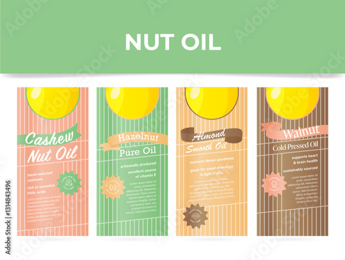 Colorful nut butter labels featuring cashew, hazelnut, almond and walnut flavours highlighting their qualities and health benefits