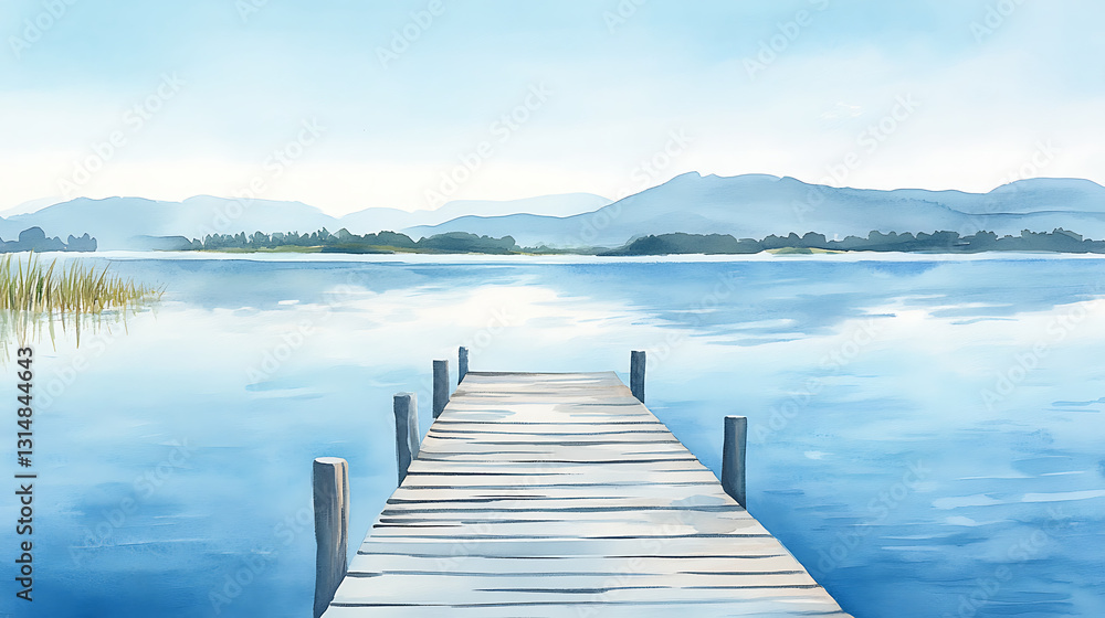 Naklejka premium A wooden pier is in front of a body of water