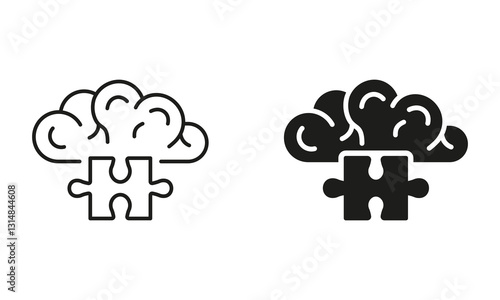 Jigsaw, Creative Human Mind Concept. Puzzle and Brain Line and Silhouette Icon Set. Idea, Memory, Education Sign. Editable Stroke. Isolated Vector Illustration