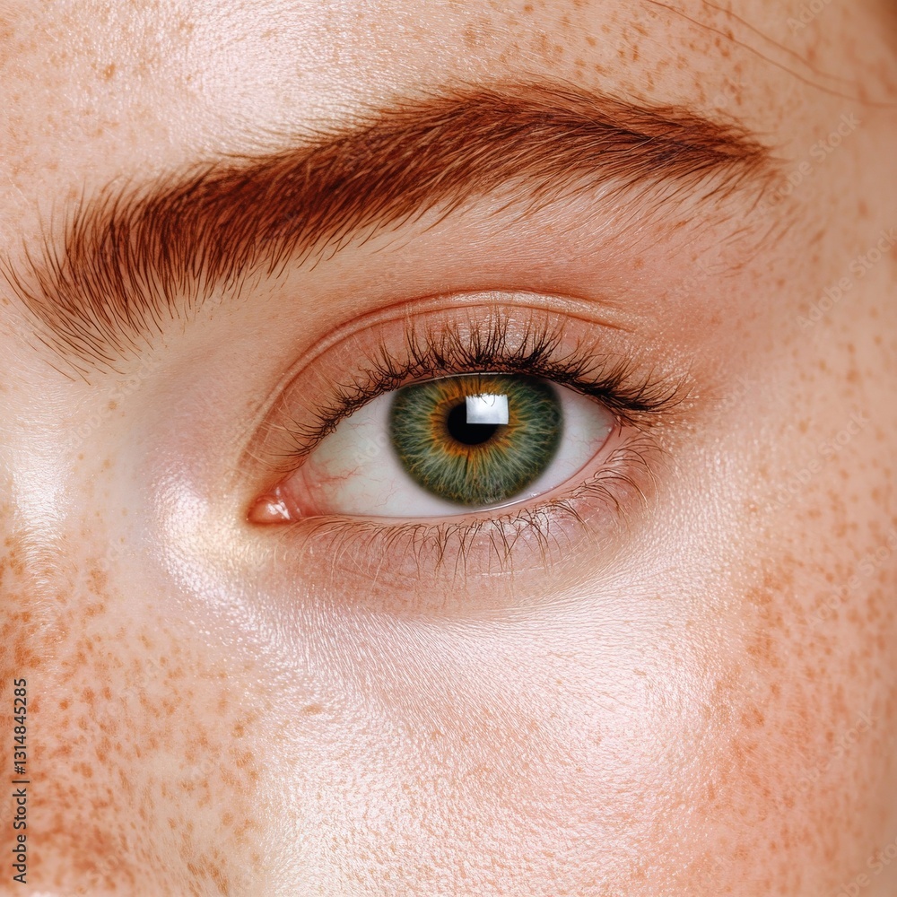 Fototapeta premium Extreme close up of a green eye with freckles and detailed eyebrow reflecting light in high resolution macro photography