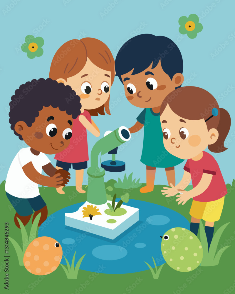Several kids eagerly take turns looking through a microscope at tiny organisms they have collected from a nearby pond.. Vector illustration Several kids eagerly take turns looking through a microscope at tiny organisms they have collected from a nearby pond.. Vector illustration