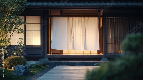 Wallpaper Mural Serene Kyoto Tea House with Delicate Noren and Tranquil Garden Surroundings at Dusk Torontodigital.ca