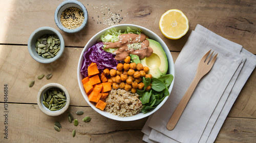 Colorful vegan salad bowl with chickpeas, sweet potatoes, and fresh greens on a wooden table