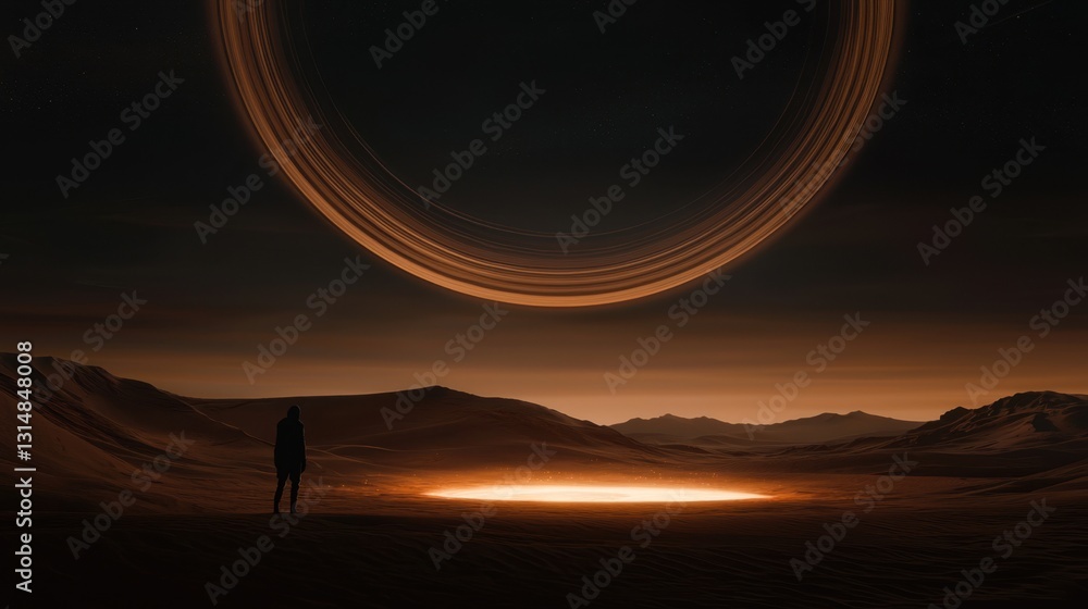 Fototapeta premium Lone Figure Stands at the Edge of a Glowing Crater Under a Cosmic Ring in a Desert Landscape