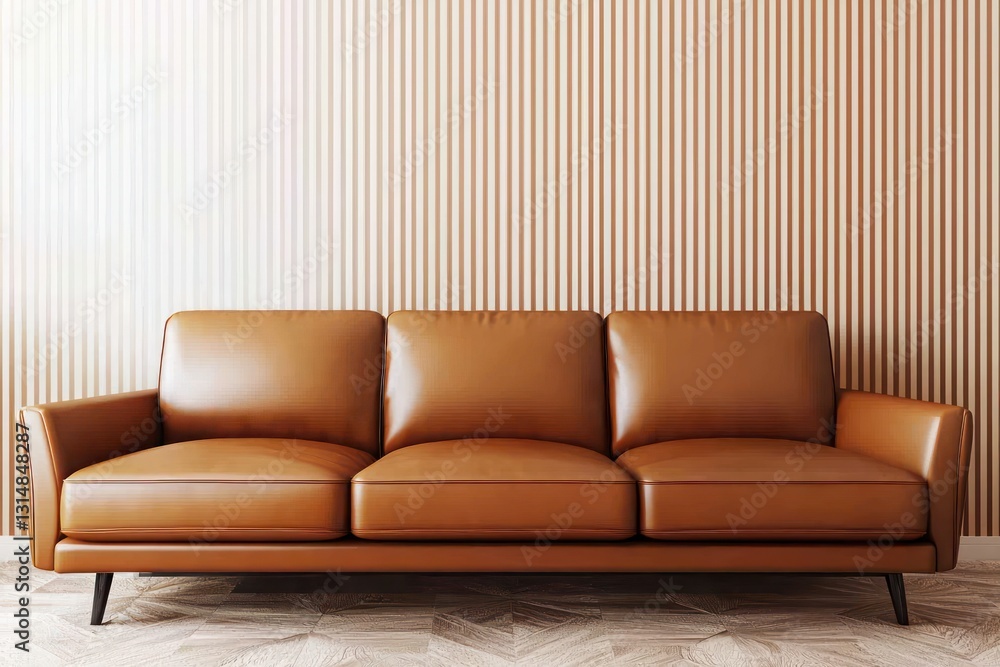 Fototapeta premium High-end caramel sofa on espresso-striped wall, airy elegance.