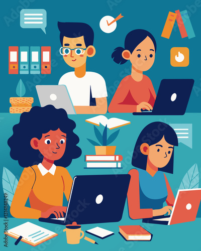 Students working independently on their own laptops practicing their typing skills and digital literacy.. Vector illustration