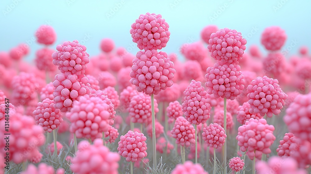 Pink ball flowers field, surreal, pastel, nature, background Pink ball flowers field, surreal, pastel, nature, background