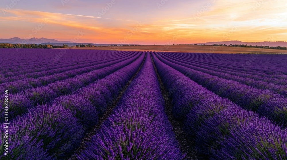 Magical Aerial View of Lavender Field at Sunset Illuminating Vast Purple Landscape Magical Aerial View of Lavender Field at Sunset Illuminating Vast Purple Landscape