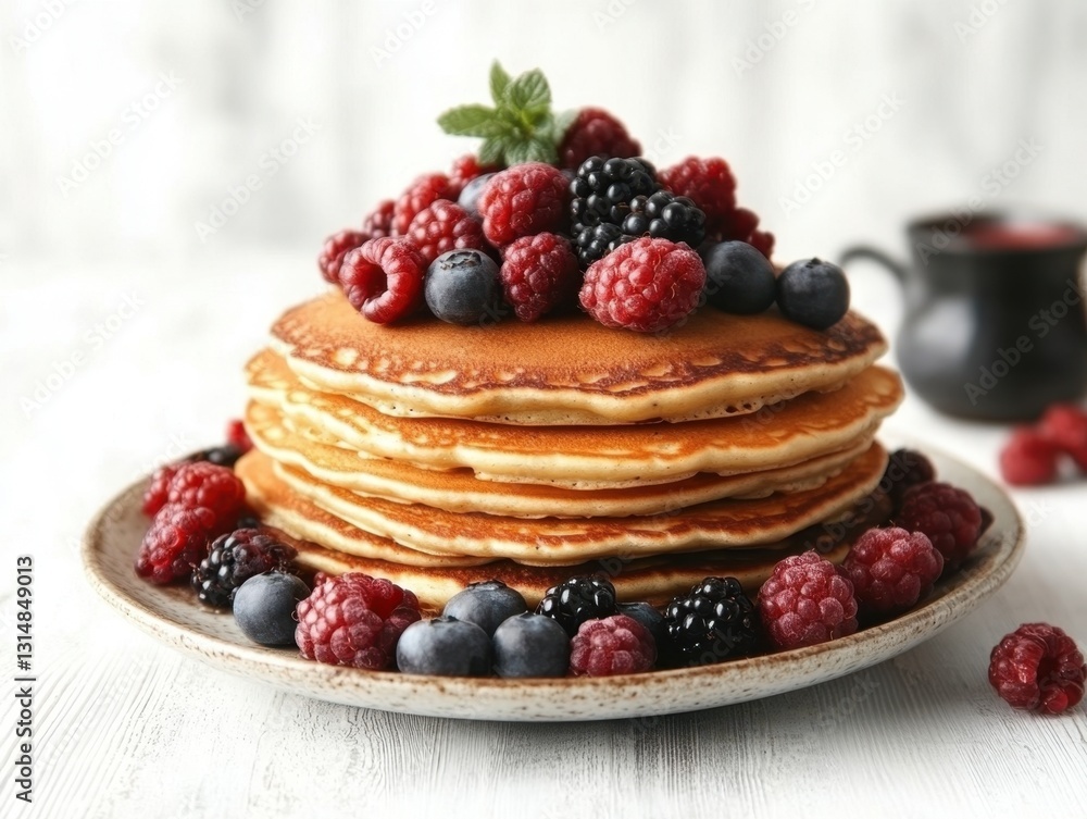 Delicious Stack of Pancakes Topped with Fresh Berries and Mint on a White Wooden Table Close Up Delicious Stack of Pancakes Topped with Fresh Berries and Mint on a White Wooden Table Close Up