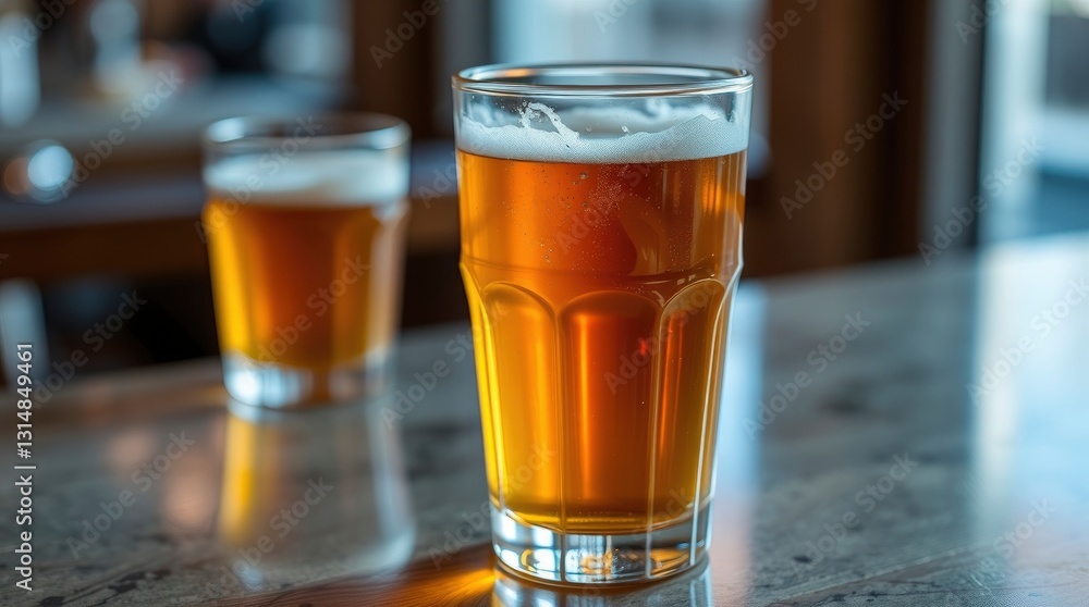 Refreshing Beer Pints on Bar Top Ready for Cheers Celebration Refreshing Beer Pints on Bar Top Ready for Cheers Celebration