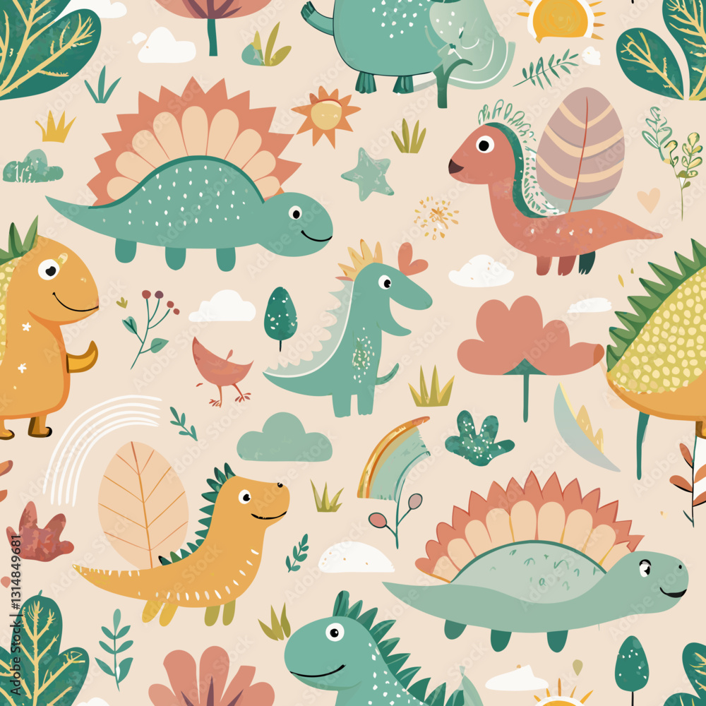Dinosaur Delight Pattern: A cheerful and vibrant illustration showcases a repeating pattern of adorable cartoon dinosaurs, flowers, suns, and rainbows, perfect for children's products and designs. Dinosaur Delight Pattern: A cheerful and vibrant illustration showcases a repeating pattern of adorable cartoon dinosaurs, flowers, suns, and rainbows, perfect for children's products and designs.