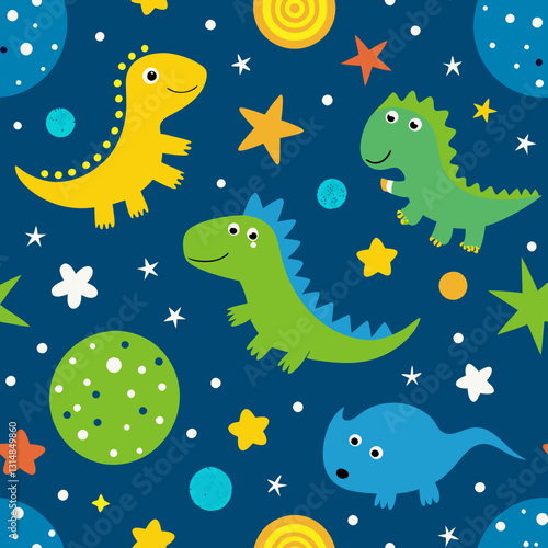 Dino Delight: A whimsical design features adorable, friendly dinosaurs amidst a playful cosmos of stars and planets, rendered in a vibrant palette that will spark joy.