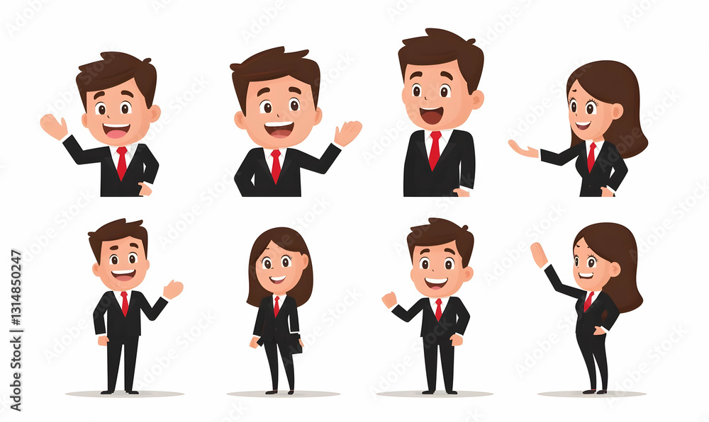 Cute Animated Characters in Business Attire with Various Expressions Cute Animated Characters in Business Attire with Various Expressions