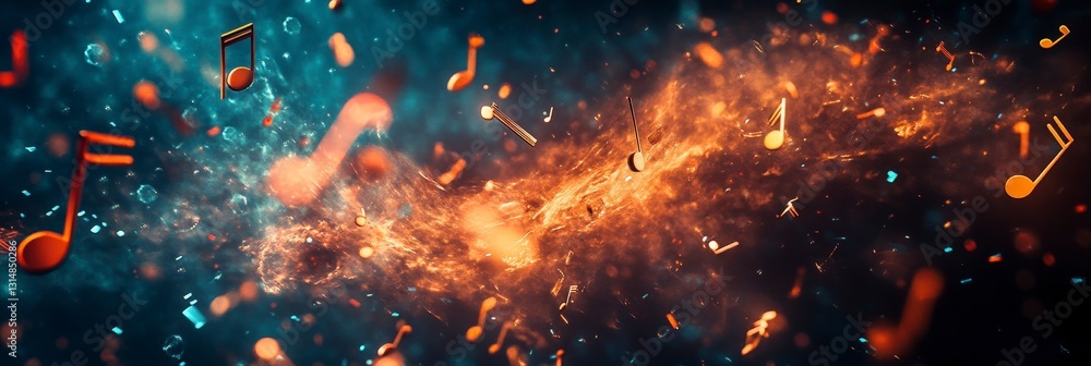 Vibrant notes clashing with fiery, energetic backdrop. Vibrant notes clashing with fiery, energetic backdrop.