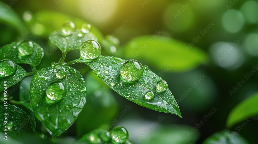 Fototapeta premium Dewdrops on Lush Green Leaves